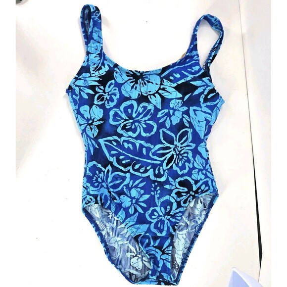 Vintage 90s/ Y2K Catalina Swimsuit Plus Size 1XL(16W) 1pc Blue Floral Ribbed - Picture 8 of 13
